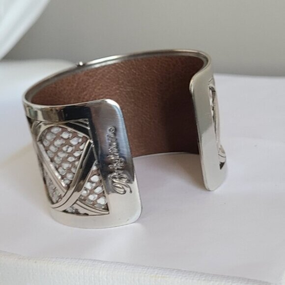 Vintage Brighton Boho Western Wide Chunky Leather Silver Tone Open Cuff Bracelet - Picture 13 of 15